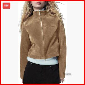 Cropped Faux Suede Jacket Slim Fit Zip Up Casual Moto Style